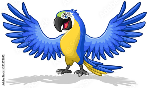 A cute of  blue macaw or parrot cartoon bird  flapping its wings while smiling.