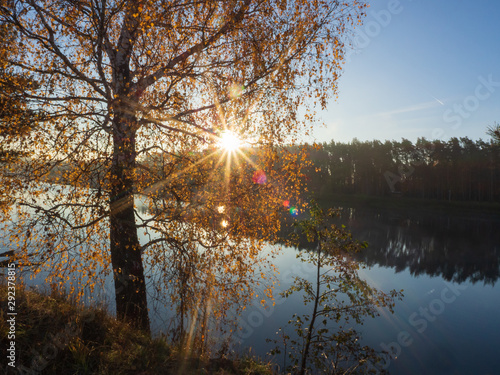 Early morning panorama of the river. The sun rises over the forest and river. The rays of the sun shine through the yellow foliage of a birch. Blue sky and trees are reflected in the water.