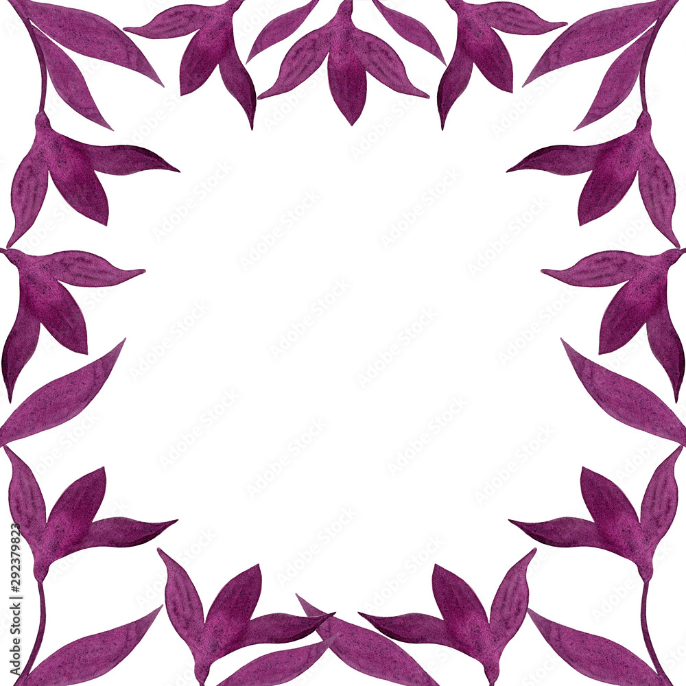 Fototapeta premium Watercolor abstract flowers square frame. Hand drawn purple plants, leaves, petals, herbs illustration isolated on white background. Template for design, wedding, save the date, invitation, decoration