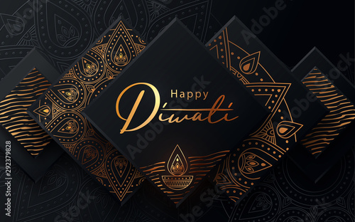 Diwali festival modern luxury design in paper cut style with golden pattern and oil lamp on black textured background. Holiday template for branding, greeting card, banner, cover, flyer or poster