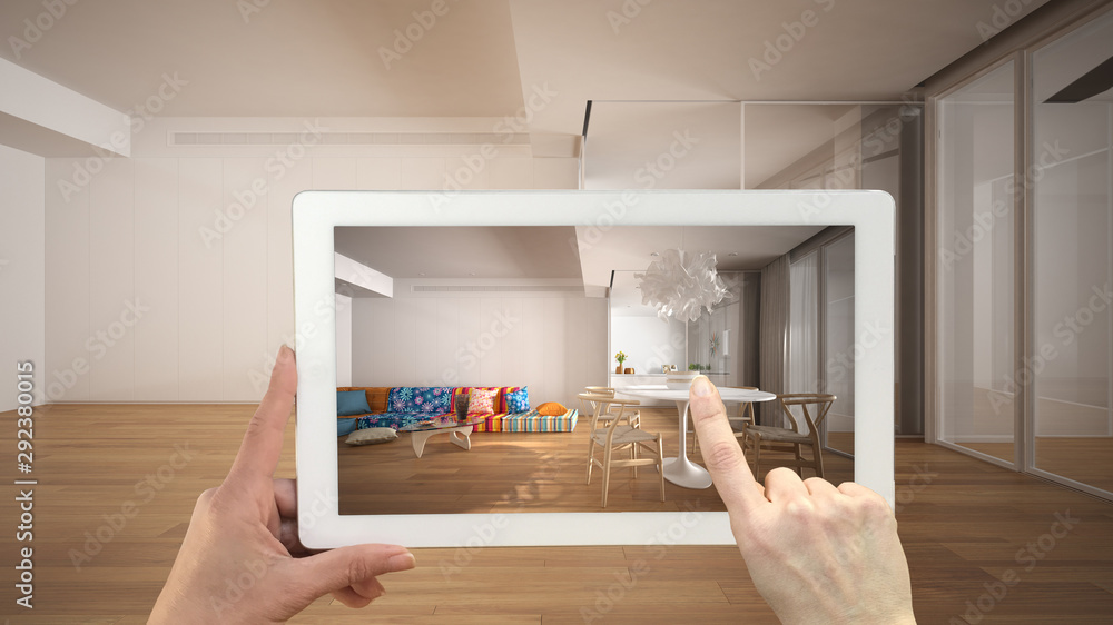 Ilustração do Stock: Augmented reality concept. Hand holding tablet ...