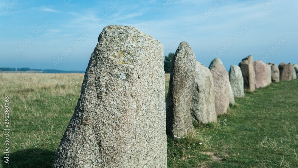 Landmark - Ale Stones (Ales stenar) old monument of stones. Photo taken  inside the ring. A sunny summer day in Kåseberga, Sweden. Stock Photo |  Adobe Stock