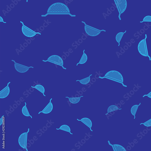 Blue Kitchen colander icon isolated seamless pattern on blue background. Cooking utensil. Cutlery sign. Vector Illustration