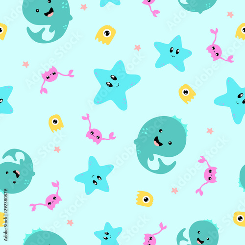 Kawaii color marine pattern. Octopus, crabs, stars and fish on a blue background