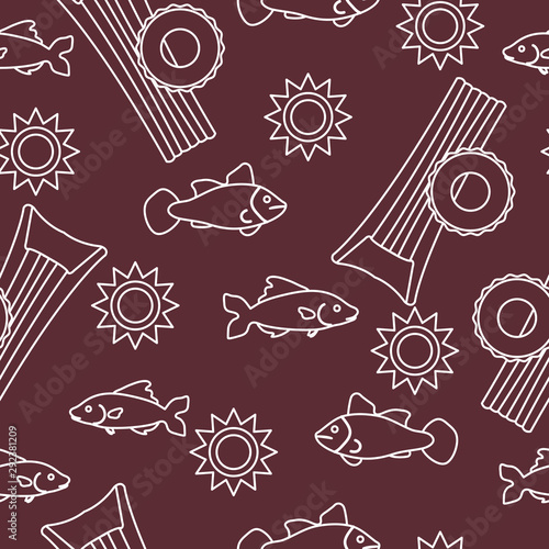 Pattern with fish, sun, inflatable mattress.