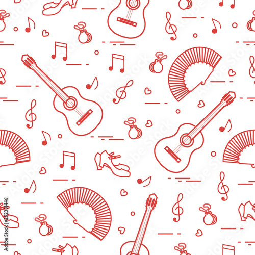 Pattern with fan, shoes, castanets, notes, guitars