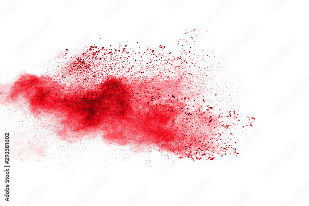 Red powder explosion cloud on white background. Freeze motion of red color dust particles splashing. Red powder explosion cloud on white background. Freeze motion of red color dust particles splashing.