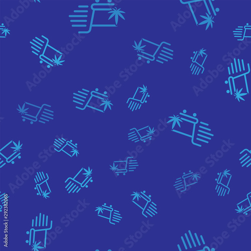 Blue Shopping cart with marijuana or cannabis leaf icon isolated seamless pattern on blue background. Online buying. Delivery service. Supermarket basket. Vector Illustration