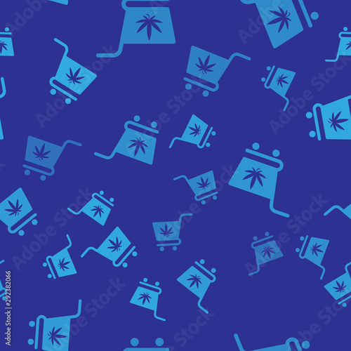 Blue Shopping cart with marijuana or cannabis leaf icon isolated seamless pattern on blue background. Online buying. Delivery service. Supermarket basket. Vector Illustration
