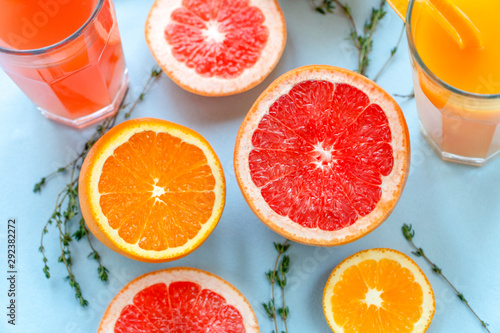 Orange and grapefruit juices. Juicy and vibrant citrus fruits.