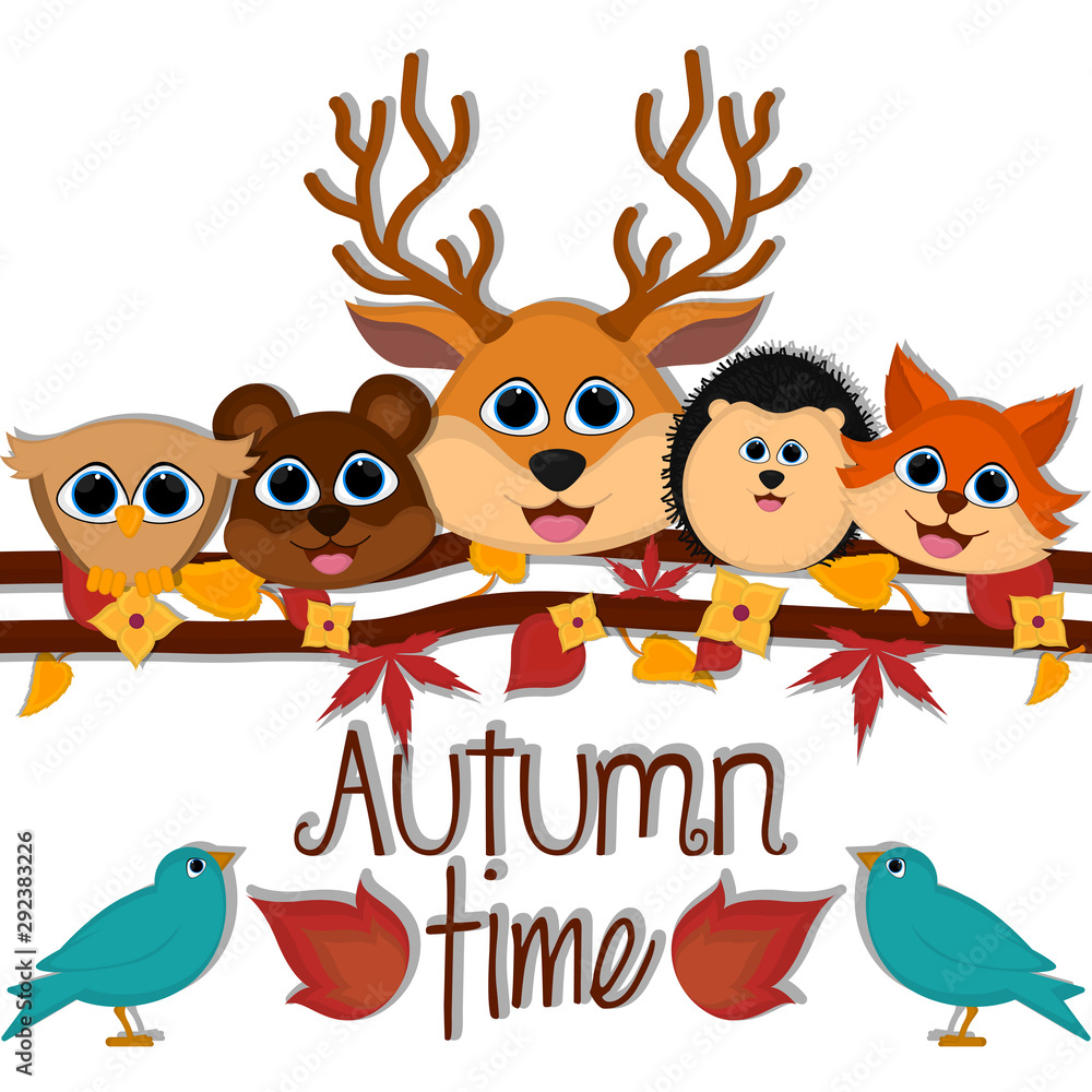 Autumn time card with a cute owl, bear, deer, porcupine and fox - Vector Autumn time card with a cute owl, bear, deer, porcupine and fox - Vector