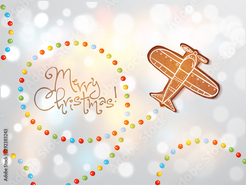 Chrismtas card with gingerbread airplane and sugar candies