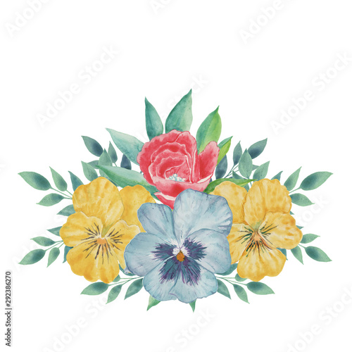  Vintage bouquet with pink clarkia  blue and yellow pansy. Watercolor illustration on white background