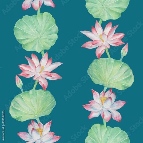 Vertical Seamless pattern with watercolor pink  Lotus on blue background. Hand drawn illustration photo