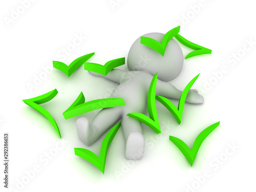 3D Character burried under lots of green checkmarks