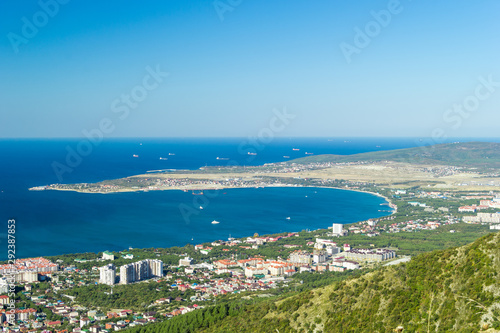 Scenic view of Gelendzhik city district and sea bay. Sunny day. Vacation on resort.
