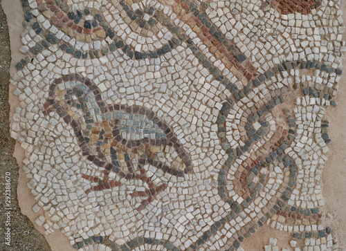 Roman mosaic located in archaeological site in The Bishop's Basilica of Philippopolis, the city of Plovdiv, Bulgaria. Roman mosaic in the oldest city in Europe