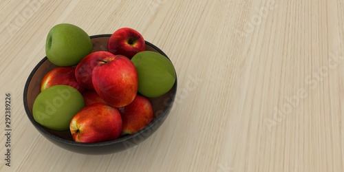 Extremely detailed and realistic high resolution 3d illustration of a fruit basket full of green and red apples