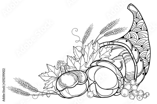 Outline Cornucopia or Horn of plenty full of pumpkin, berry, wheat and maple leaf in black isolated on white background.