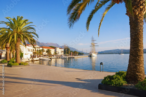 Travel concept. Embankment of Tivat city on sunny autumn day. Montenegro, Adriatic Sea, Bay of Kotor