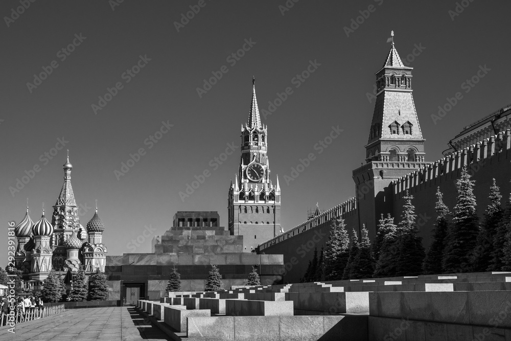 View of the Lenin Mausoleum and the Spasskaya Tower of the Moscow Kremlin