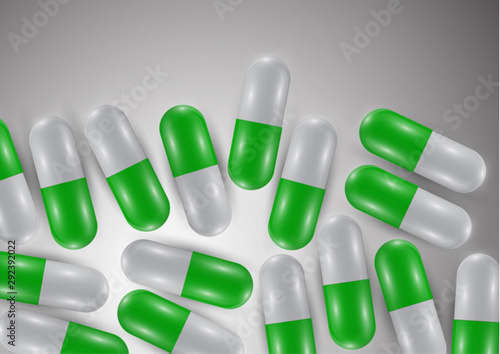 Background with bright pills, capsules. Vitamin pills for good health and antibiotics. Poster banner for website. Pharmacy, painkiller capsules and medications.