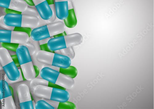 Background with bright pills, capsules. Vitamin pills for good health and antibiotics. Poster banner for website. Pharmacy, painkiller capsules and medications.