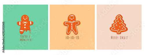 Cute gingerbread man cookies and christmas tree. Bitten leg. Merry x-mas. Funny vector greeting cards. Christmas winter mood. Set of three hand drawn trendy illustrations. Cartoon style. Flat design