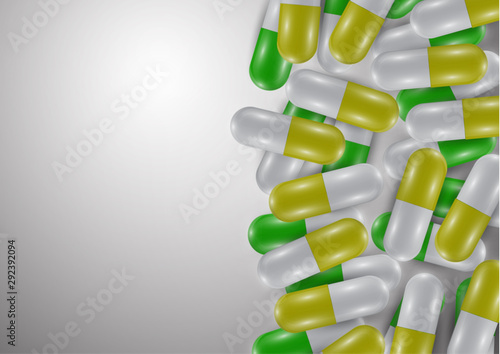 Background with bright pills, capsules. Vitamin pills for good health and antibiotics. Poster banner for website. Pharmacy, painkiller capsules and medications.