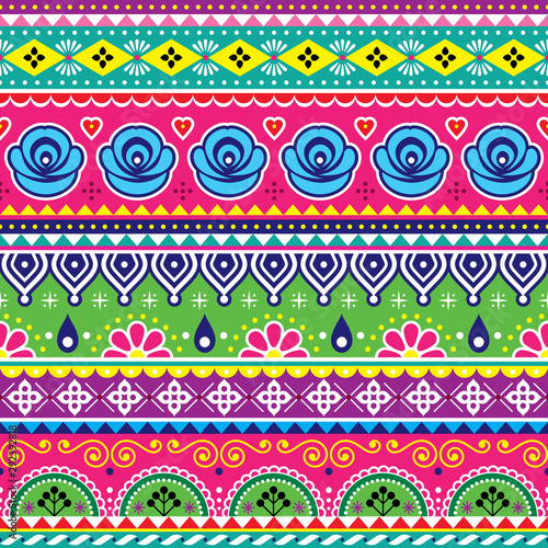 Indian or Pakistani truck art vector seamless pattern, colorful design with geometric shapes and flowers