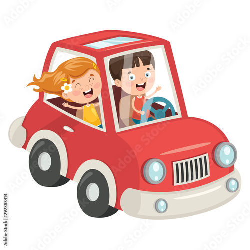 Children Travelling With A Funny Car