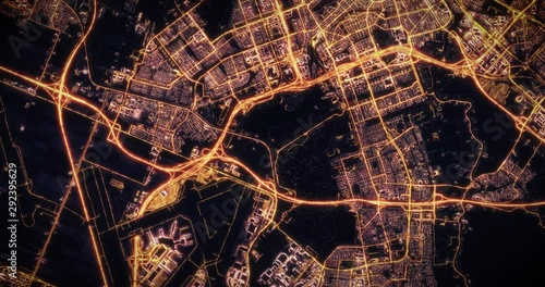 Aerial night view of city of Amsterdam, Netherlands. Traffic and street light glowing. Camera flying high above, moving around city from space filming cinematic straight down. 3d animation rendering.
