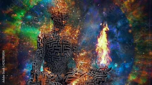 Space meditation. Burning man in lotus pose meditate in deep space