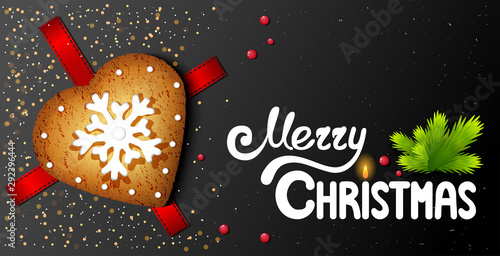 Horizontal postcard with in the shape of a heart christmas cookie and text merry christmas