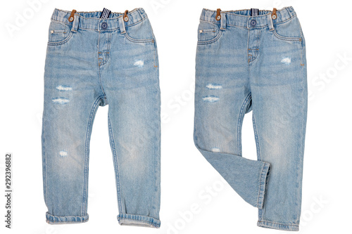 Jeans isolated. Trendy stylish blue denim pants or trousers for child boy isolated on a white background. Jeans summer and autumn fashion. Front view.