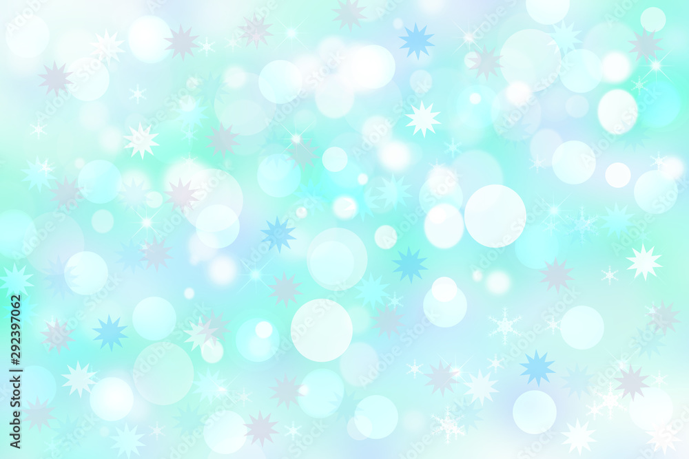 Abstract blurred festive light green white winter christmas or Happy New Year background texture with white snow flakes and colorful stars. Card concept.
