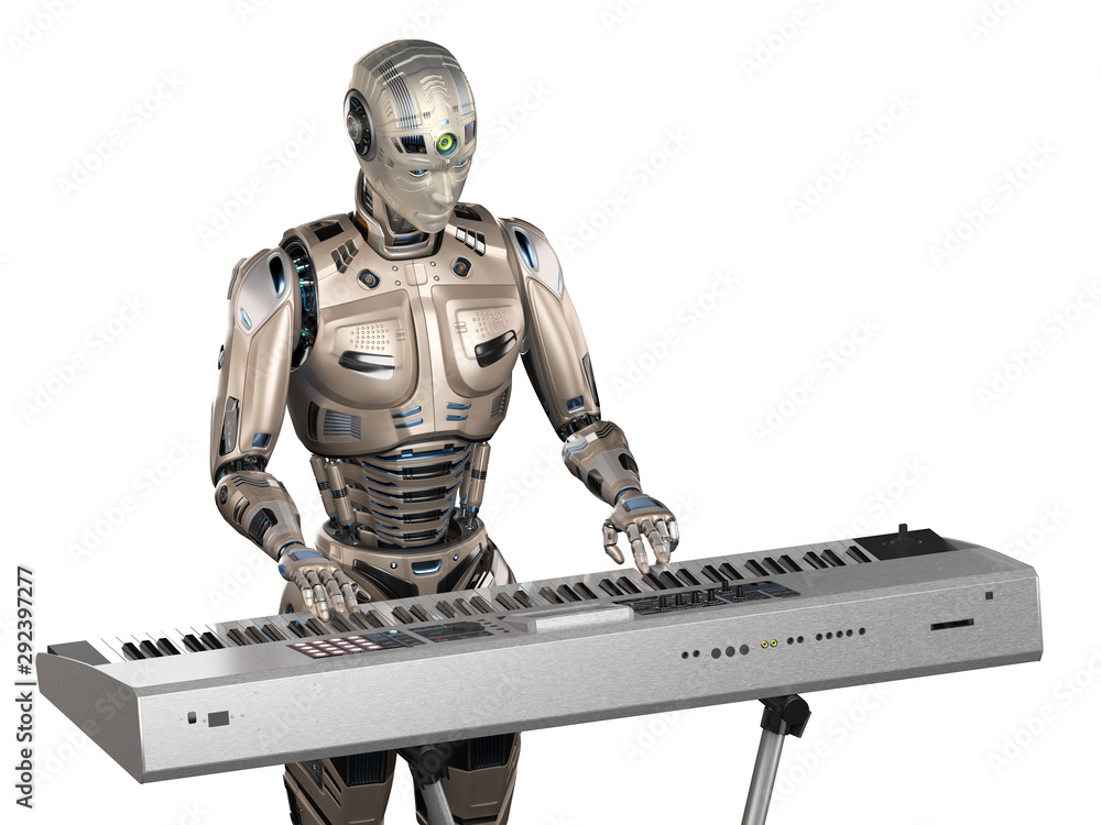 Futuristic robot man or detailed android cyborg playing music and composing  a song with electric piano. Isolated on white background. 3d render Stock  Illustration | Adobe Stock