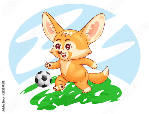 Smiling fennec fox plays soccer on a field. Cute kawaii cartoon character. Funny emotion and face expression