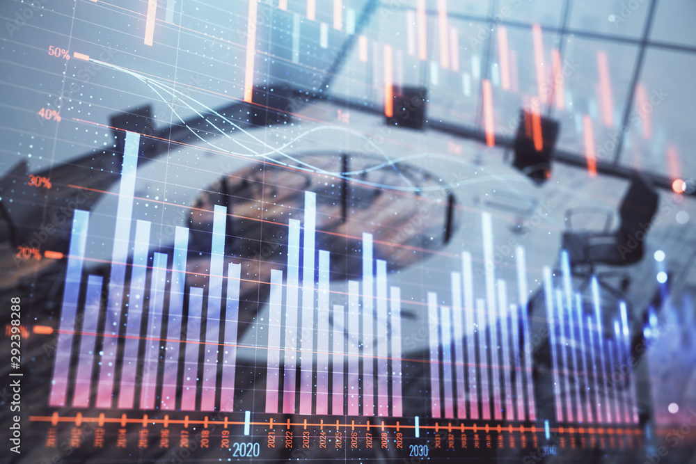 Double exposure of forex chart on conference room background. Concept of stock market analysis Double exposure of forex chart on conference room background. Concept of stock market analysis