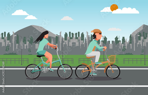 flat vector of couple ride folding bicycle in the park at city background
