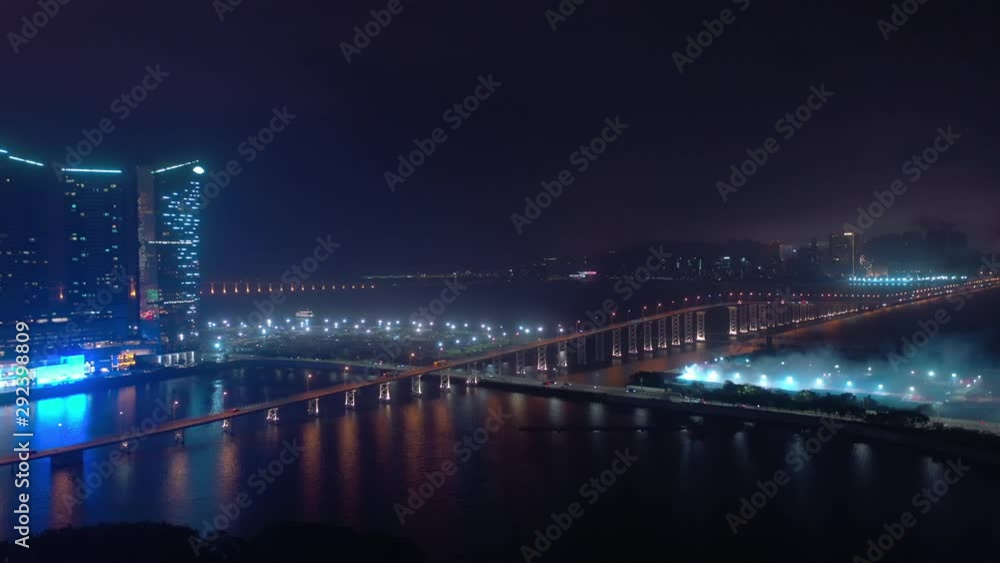macau bay traffic bridge road night holiday fireworks aerial panorama 4k china macau bay traffic bridge road night holiday fireworks aerial panorama 4k china