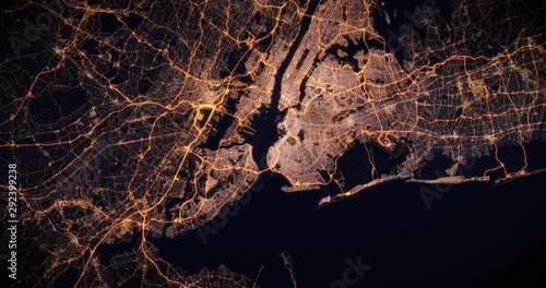 Aerial night view of city of New York, USA. Traffic and street light glowing. Camera flying high above, moving slowly forward from space filming cinematic straight down. 3d animation rendering.