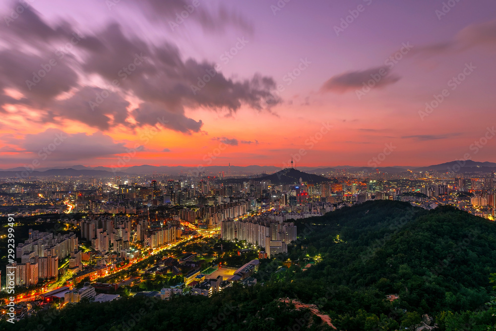 Skyline in the city of Seoul, South Korea with Seoul tower