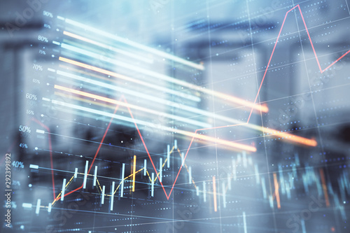 Stock market chart with trading desk bank office interior on background. Double exposure. Concept of financial analysis © Andrey