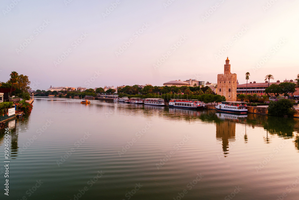 View of La Torre de Oro Tower of Gold in Seville, Spain in the morning