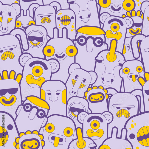 Doodle monster pattern seamless purple. Cartoon character background. vector texture