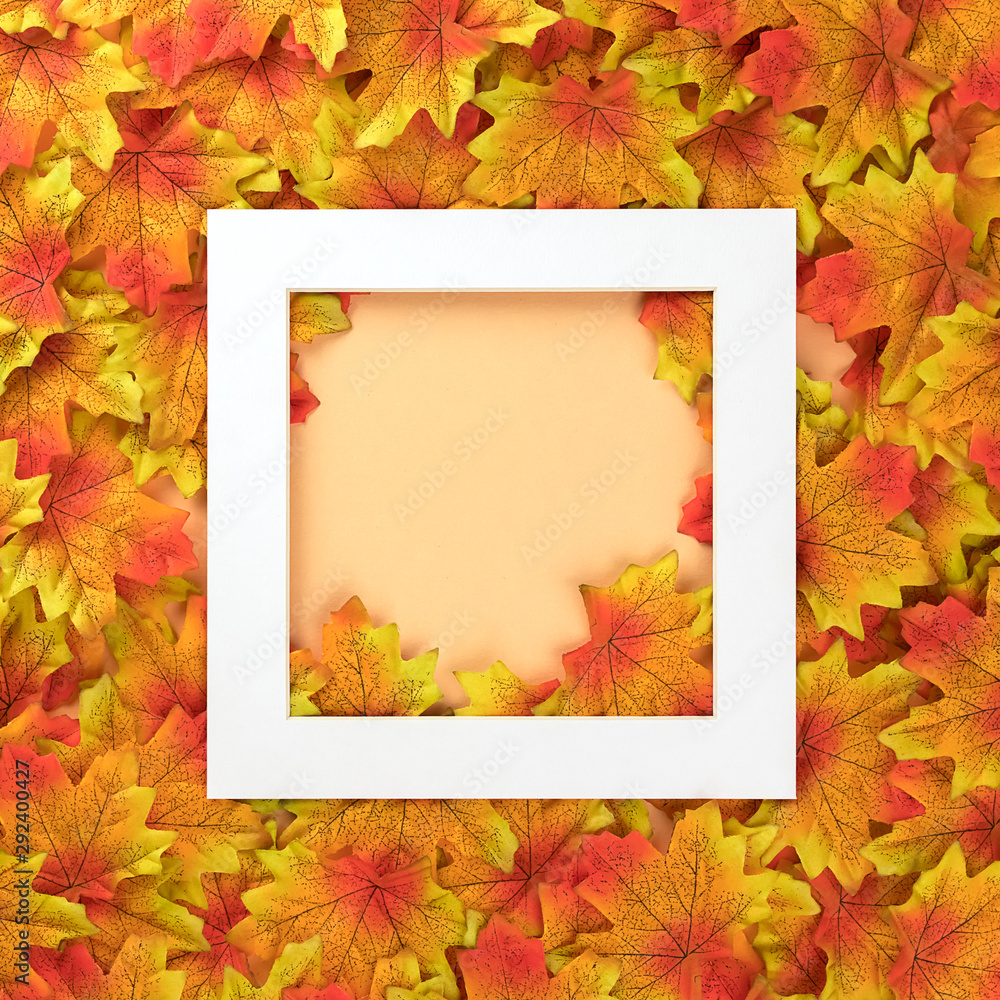 Creative minimal autumn concept on pastel background made with white frame and a lot of multi-colored maple leaves. Top view and copy space layout