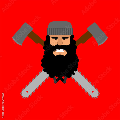 Lumberjack and chainsaw and ax logo. woodcutter sign vector illustration