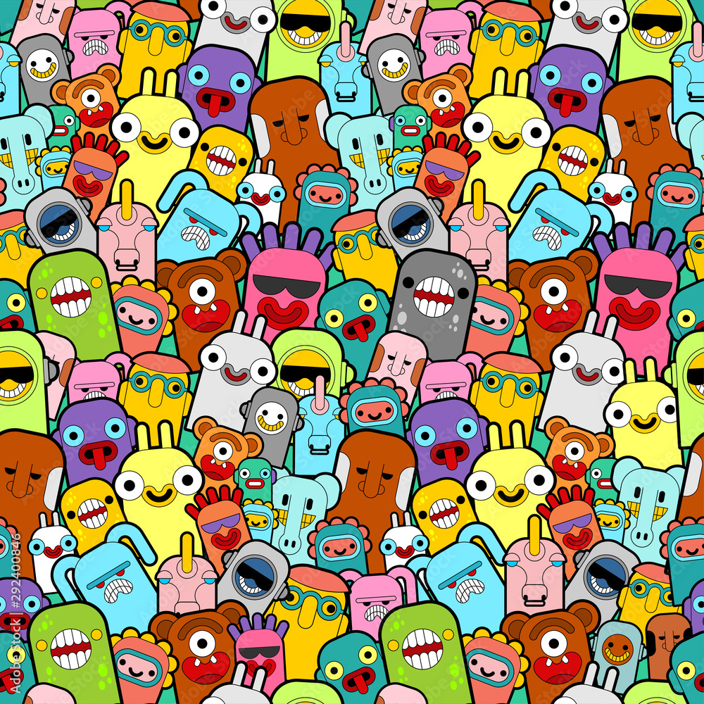 Naklejka premium Doodle monster pattern seamless Color. Cartoon character background. vector texture