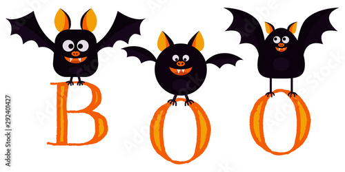 Flat design vector illustration, cartoon cute smilling black bats fly with letters boo in paws isolated on white background.